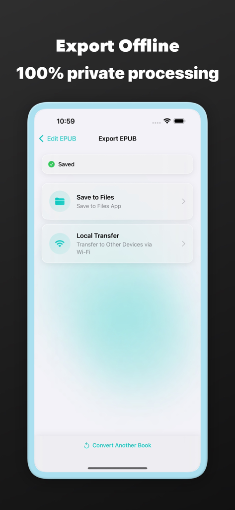 Interfaz de la aplicación EPUB Cover Maker mostrando opciones para guardar archivos localmente o transferirlos a través de Wi-Fi con un enfoque en el procesamiento privado sin conexión.