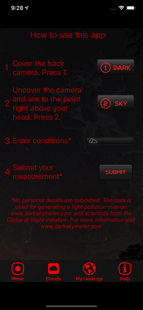 Una pantalla de tutorial paso a paso que muestra cómo medir y enviar datos de brillo del cielo a los científicos utilizando la aplicación Dark Sky Meter.