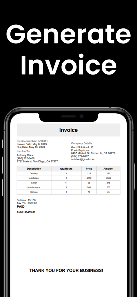 品目別サービスと支払い済みステータスが表示されたプロフェッショナルなデジタル請求書を表示するスマートフォンの画面。