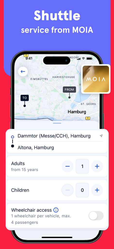 Interface for booking a MOIA shuttle service within the hvv switch app in Hamburg.