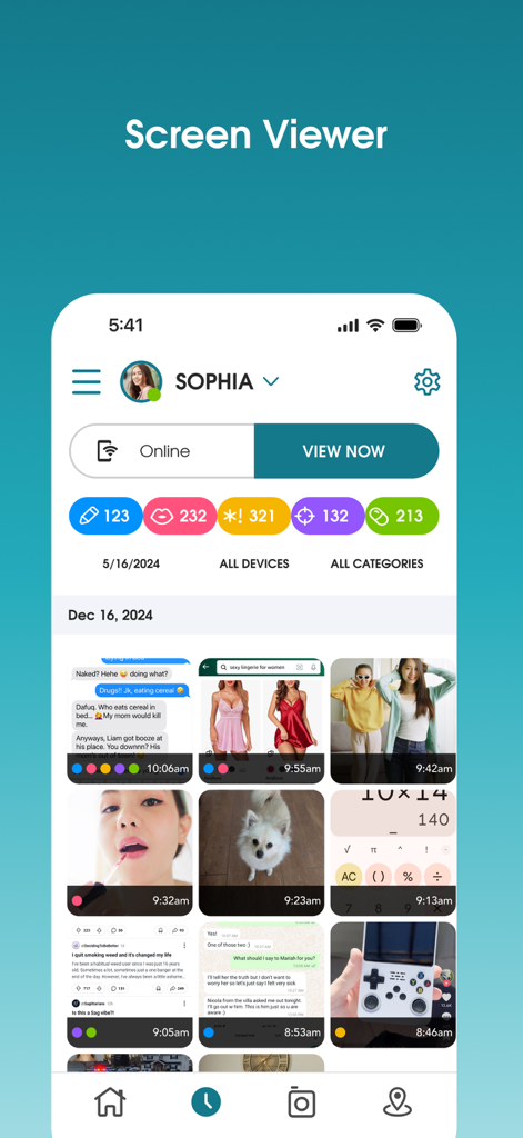 Panel del visor de monitorización de pantalla de OurPact que muestra una cuadrícula de capturas de pantalla de un dispositivo infantil para la monitorización parental.