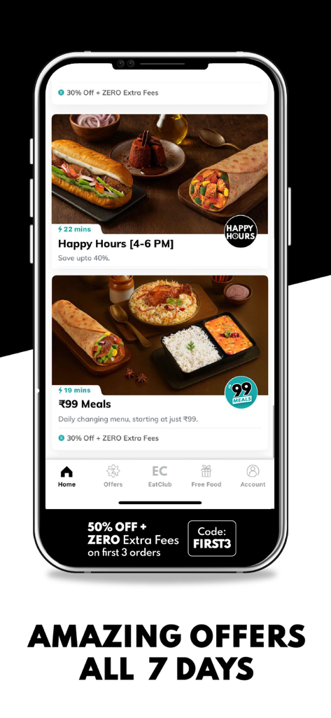 EatClubアプリインターフェース、追加料金なしで毎日の食品オファーとミール割引を表示