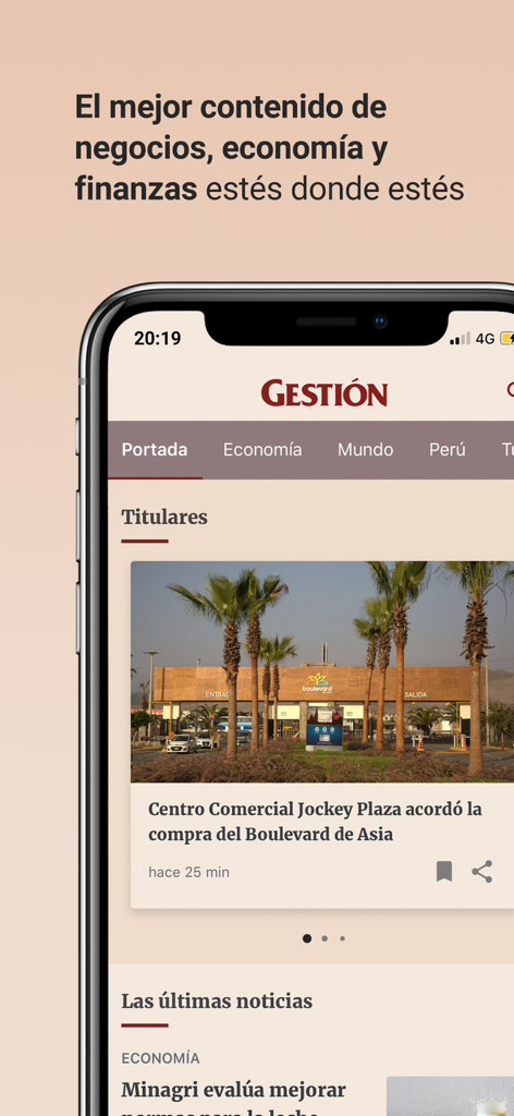 Interfaccia dell'app mobile Gestion che mostra notizie economiche e di affari dal Perù.