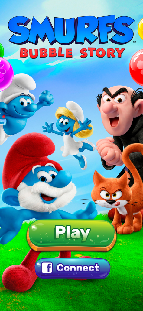 Smurfs Bubble Story game main menu with Papa Smurf Smurfette and Gargamel