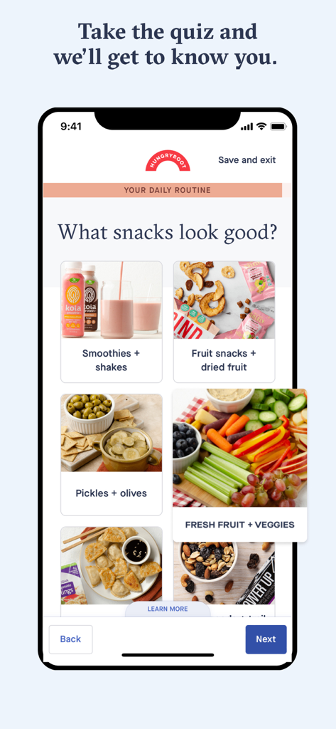Hungryroot-App-Oberfläche, die ein Quiz für personalisierte gesunde Snack-Empfehlungen zeigt.