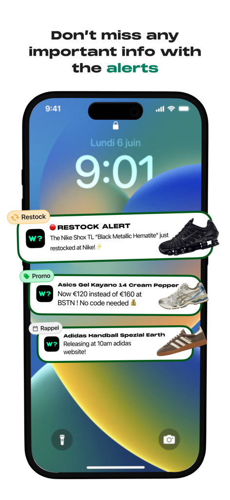 iPhone lock screen showing WhenToCop app notifications for sneaker restocks, price promos, and release reminders.