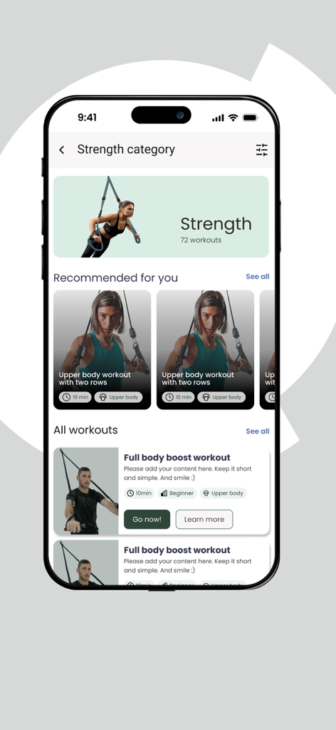 Habeats fitness - Tela da categoria de treino de força do aplicativo Habeats fitness.