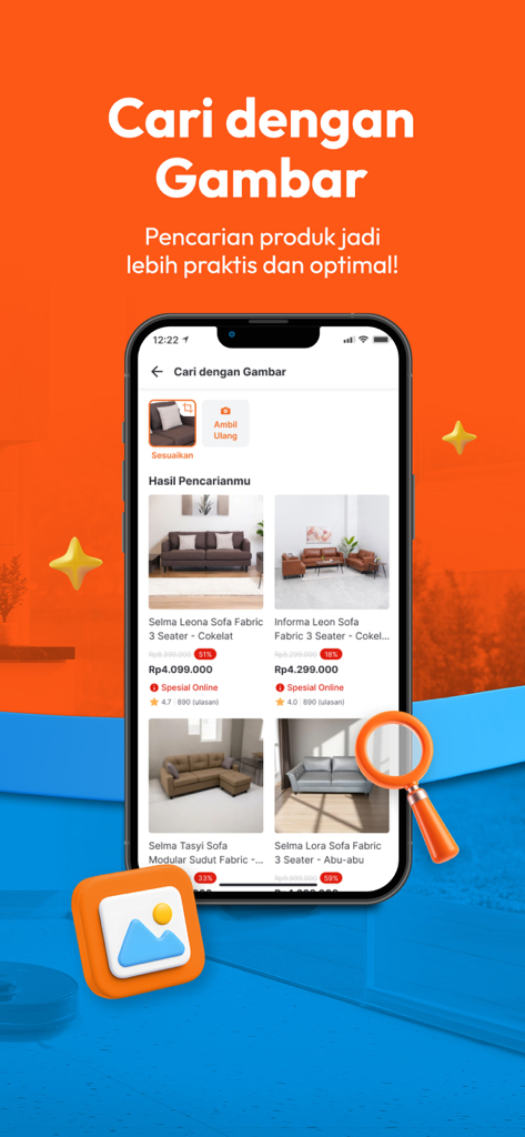 A mobile app screen showing the ruparupa visual search feature displaying sofa product results from an uploaded image.