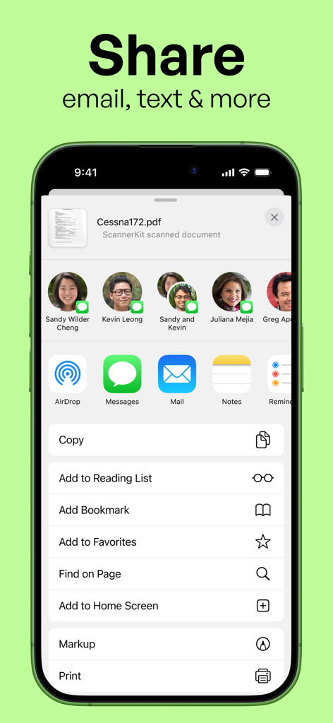 Scannerkit: PDF & Scanner App - Smartphone screen displaying options to share a scanned PDF via email and text