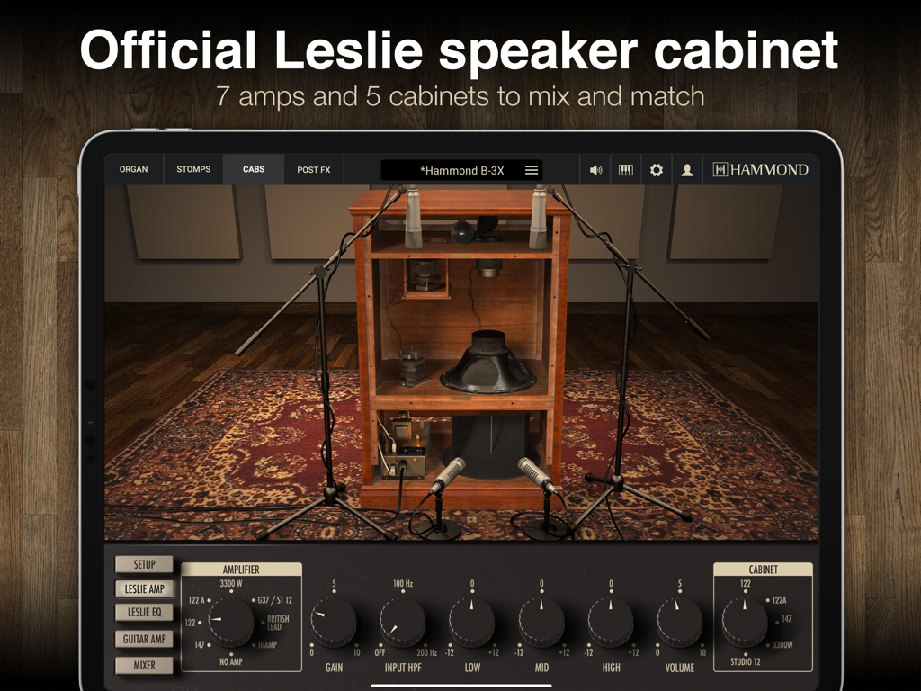 Configuración del gabinete de altavoz Leslie oficial en la aplicación Hammond B-3X