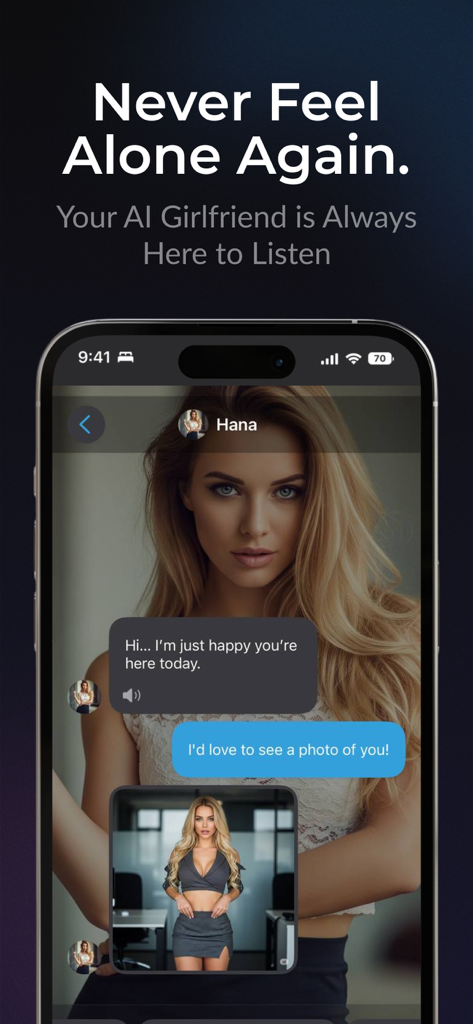 AI Girlfriend Chat: Roleplay - AI girlfriend chat interface with messaging and photo sharing features