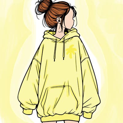 realistic girl with a oversized sweatshirt on and a bun