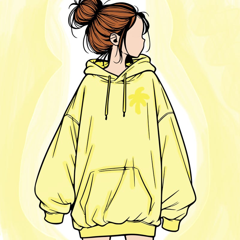 realistic girl with a oversized sweatshirt on and a bun