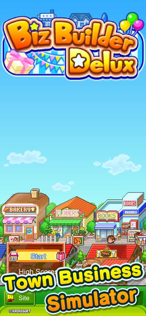 Biz Builder Delux SP - Title screen of Biz Builder Delux SP showing a pixel art town with shops and a start button