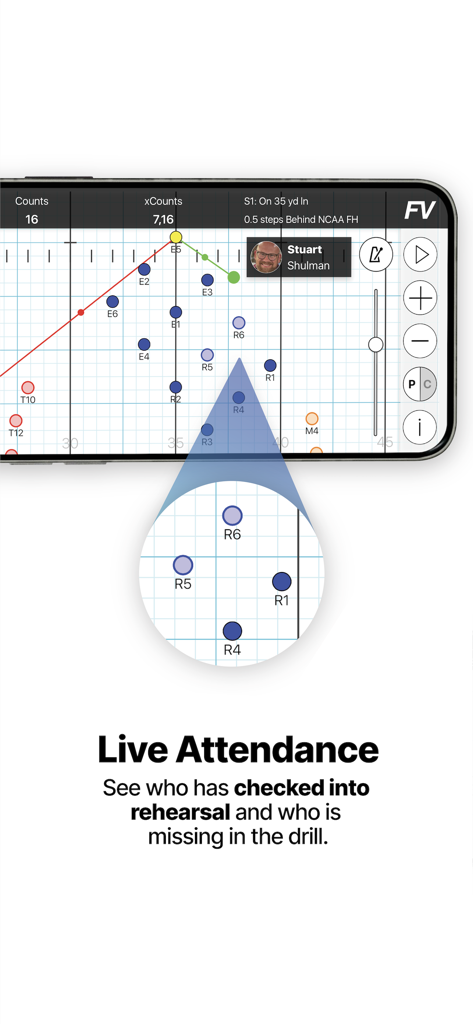UDBapp Pro - UDBapp Pro interface showing live rehearsal attendance with performer positions and names on a marching drill grid