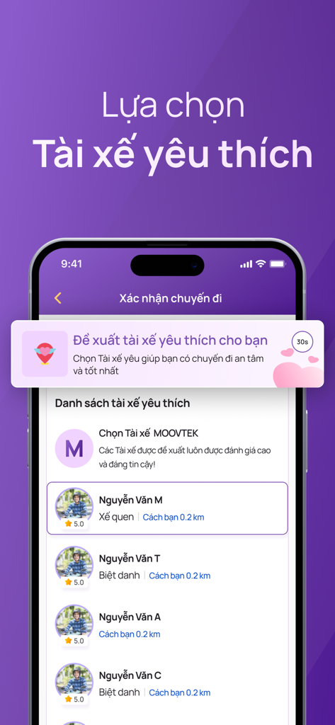 MOOVTEK - Captura de pantalla móvil de la aplicación MOOVTEK en vietnamita que muestra una lista de conductores favoritos con calificaciones y distancias para la selección del usuario