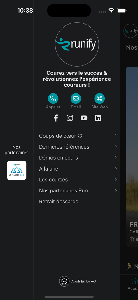 Runify - Side navigation menu of the Runify app displaying race categories social media links and contact options