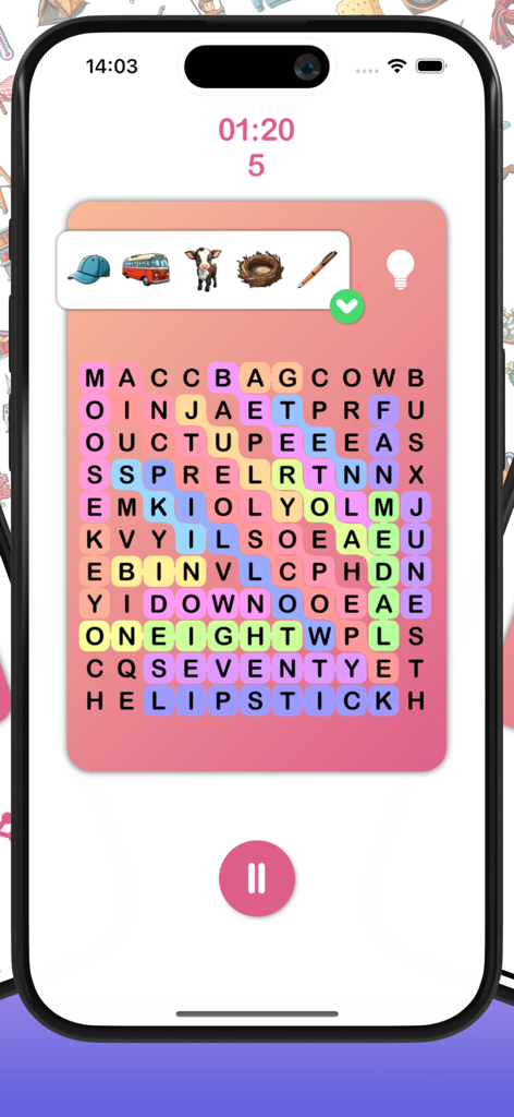 Pics 2 Words - Pantalla de juego de Pics 2 Words mostrando una cuadrícula colorida de sopa de letras con pistas de imágenes y palabras resaltadas.