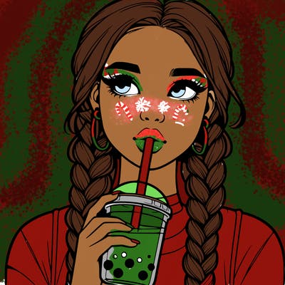 realistic girl with braided hair drinking boba