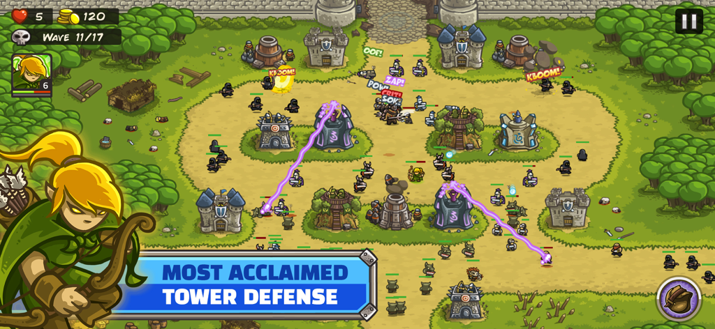 Gameplay de Kingdom Rush mostrando torres e heróis defendendo um reino contra inimigos de fantasia