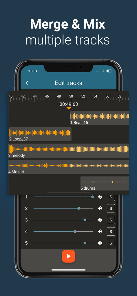 Up Tempo: Pitch, Speed Changer - 音楽トラックのマージとミキシングのためのマルチトラックオーディオエディタインターフェース。