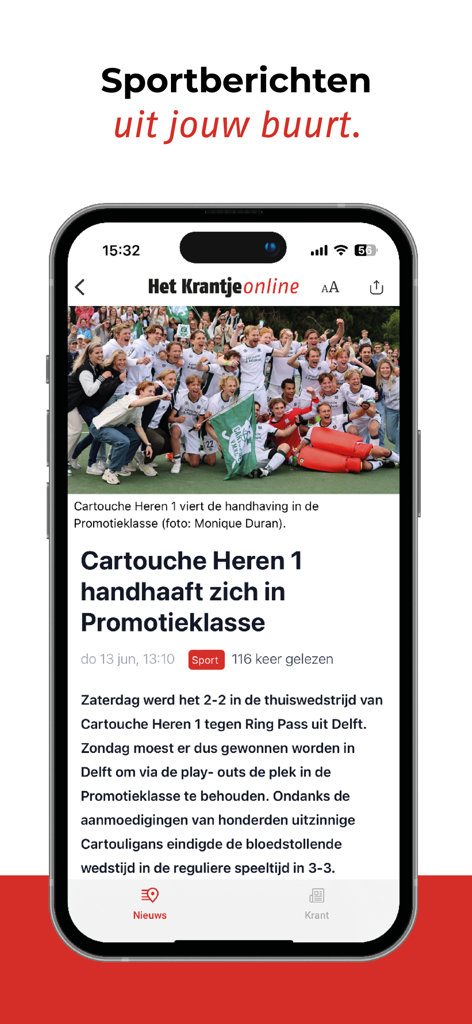 A mobile screen showing a local sports news article in the Het Krantje app with a picture of a celebrating sports team.