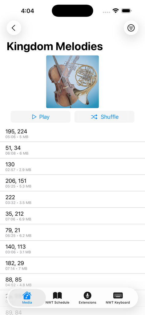 Kingdom Melodies media player screen in the JWX app with song list and play controls