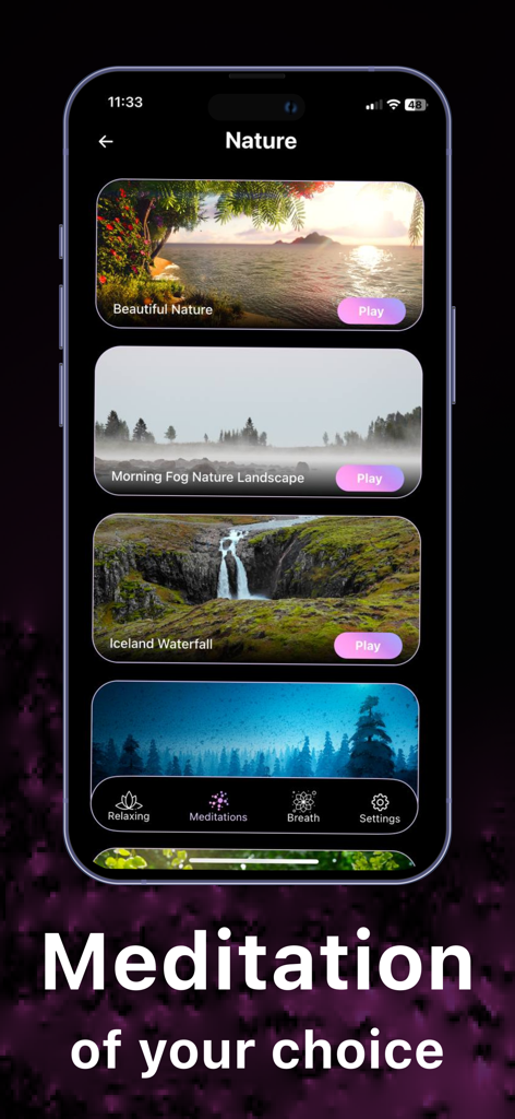 Pantalla de la aplicación Triple A HD que muestra escenas de la naturaleza para la meditación, incluyendo playas y cascadas