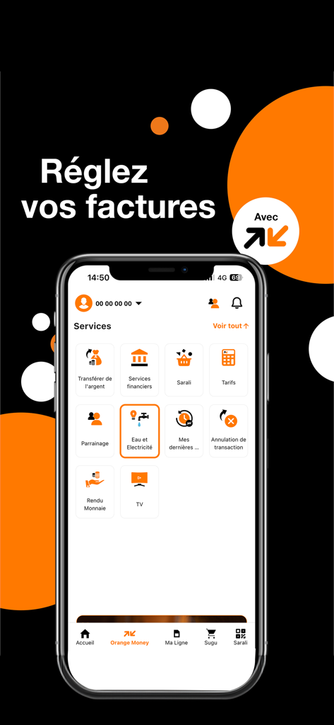 Orange Max it – Mali - Orange Max it Mali app interface showing utility bill payment services for water and electricity