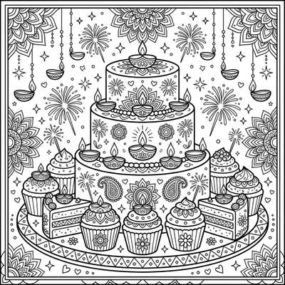 Dive into the festive spirit with our delightful Diwali vegan cakes coloring page. This intricate design features a grand spread of plant-based treats, perfect for celebrating the festival of lights.