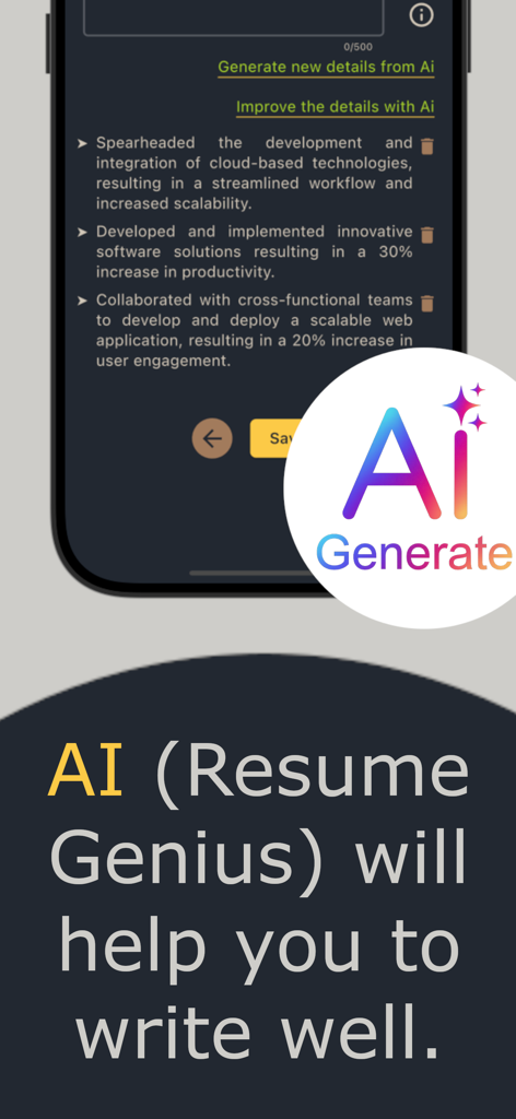 AI Resume Writer Genius: Resji - La aplicación AI Resume Writer de Resji genera puntos clave profesionales de experiencia laboral.