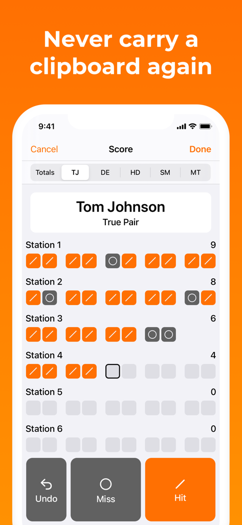 HotClays Trap Skeet & Sporting - A mobile screen showing the HotClays digital scoring interface with hit and miss buttons for clay shooting stations.