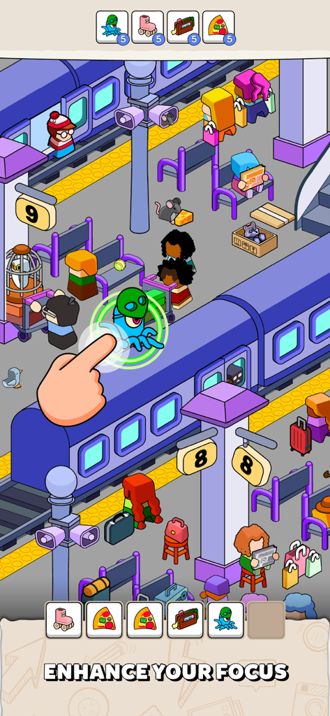 Gameplay screenshot of Where Is? Find Hidden Objects showing a train station scene with a triple match puzzle tray and objects to find.