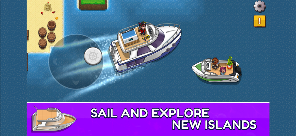 Nautical Life 2: Fishing RPG - A gameplay screenshot showing a player character steering a customized boat through blue waters to explore new islands in Nautical Life 2.