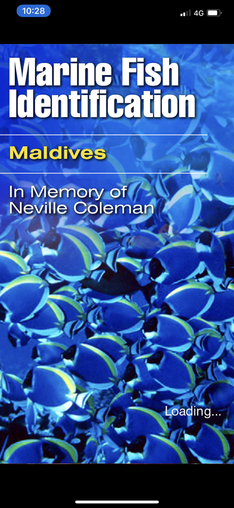 Splash screen of the Marine Fish Identification Maldives app showing a school of blue tang fish