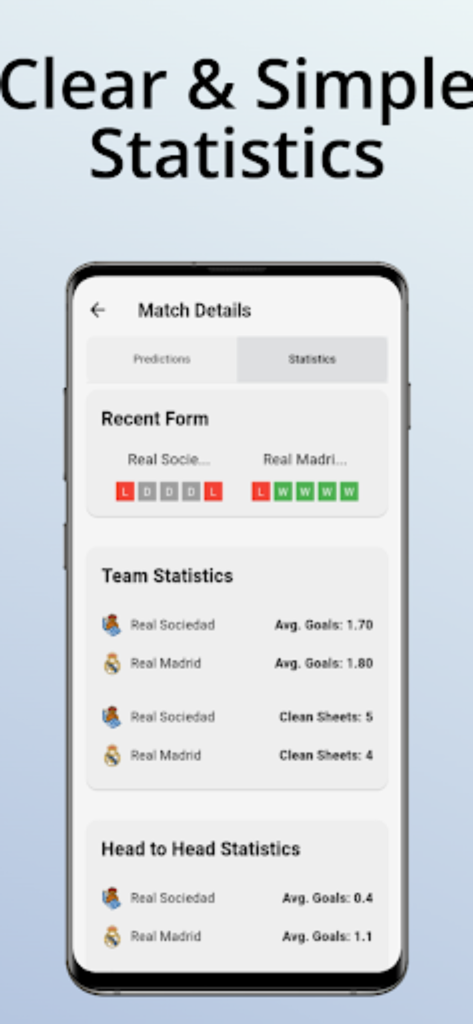 Predwit - Predwit app screen displaying clear and simple soccer match statistics including team form and average goals