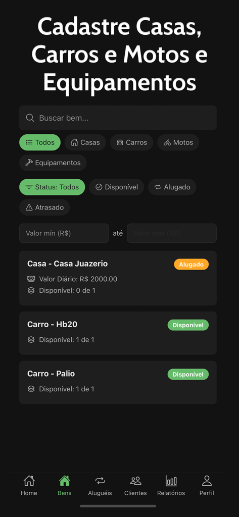 Rental Control: House, Car etc - Pantalla de gestión de activos de alquiler mostrando una lista de casas y coches con estado de disponibilidad