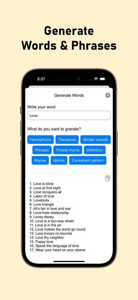 La aplicación AI Lyric Generator muestra sugerencias de frases y modismos para la palabra Amor