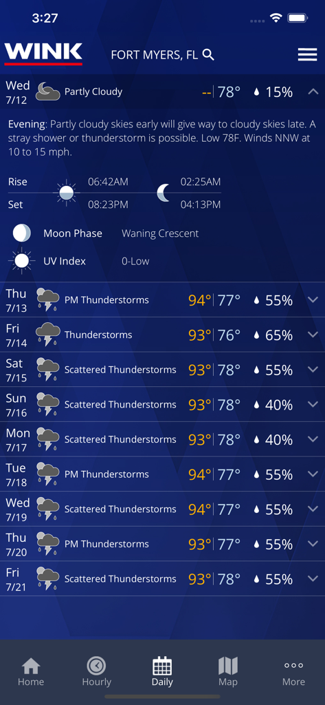 WINK Weather - WINK Weather app displaying a 10 day daily forecast for Fort Myers Florida