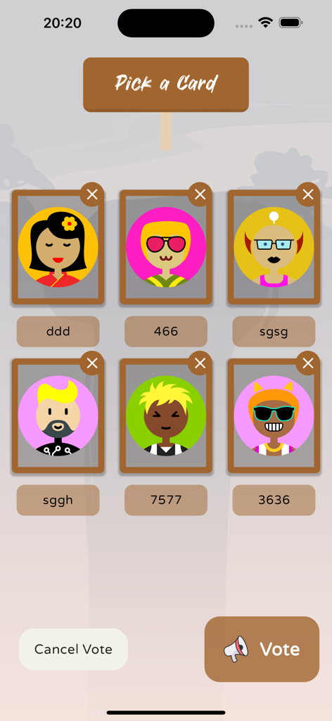 Who's Fake? - Find the Fake - The voting screen of Whos Fake social deduction game showing character avatars and a vote button.