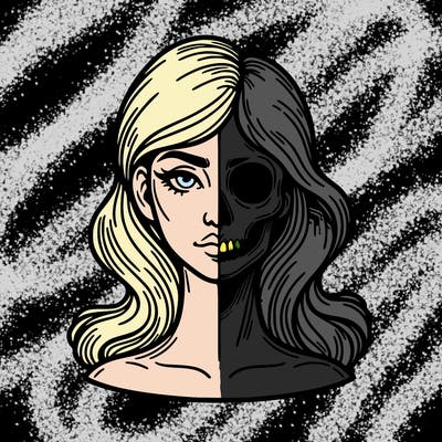 bust of a woman, half face and hair, half skull