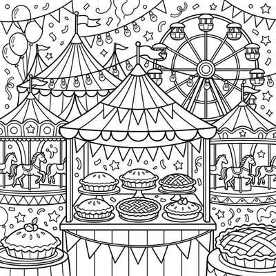 Get ready for a treat! This delightful coloring page combines the sweet joy of peach pies with the festive excitement of a carnival, featuring tents, carousels, and more.