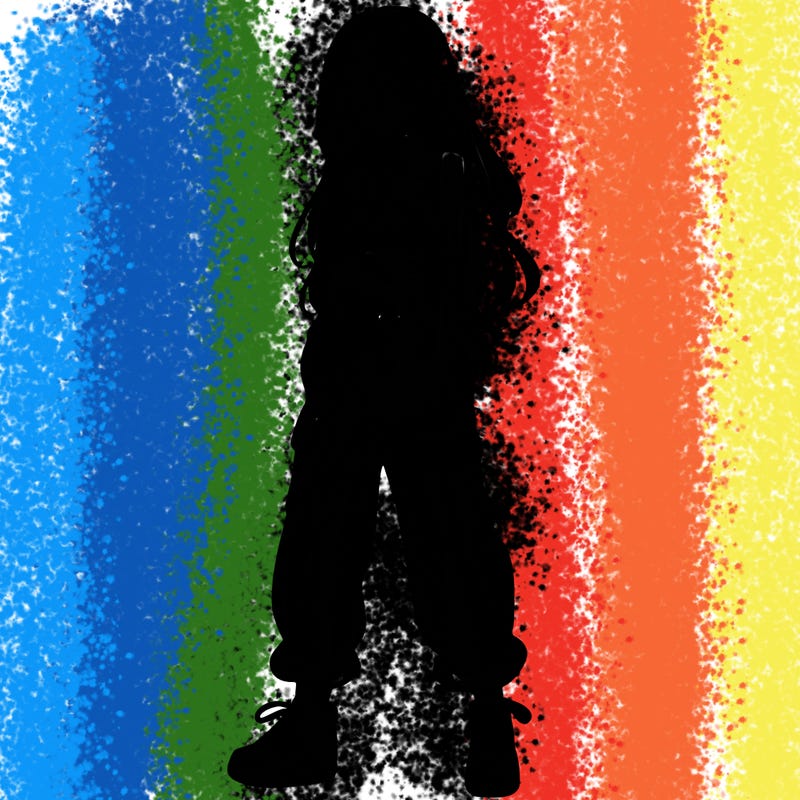 girl in baggy pants crop top and long hair