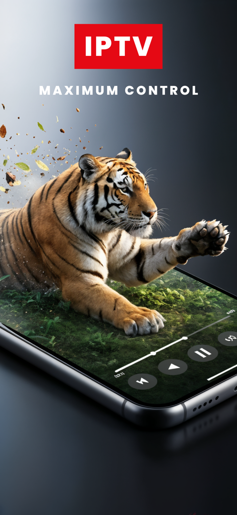 Smart IPTV Pro+ M3U Player - Un tigre saltando de la pantalla de un teléfono inteligente que muestra la interfaz del reproductor Smart IPTV Pro con el texto control máximo.