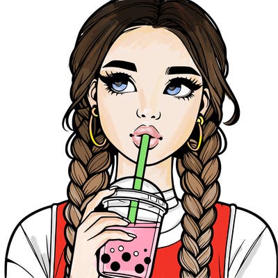 realistic girl with braided hair drinking boba