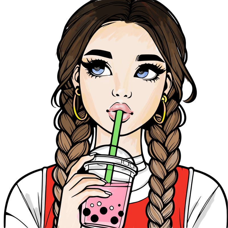 realistic girl with braided hair drinking boba