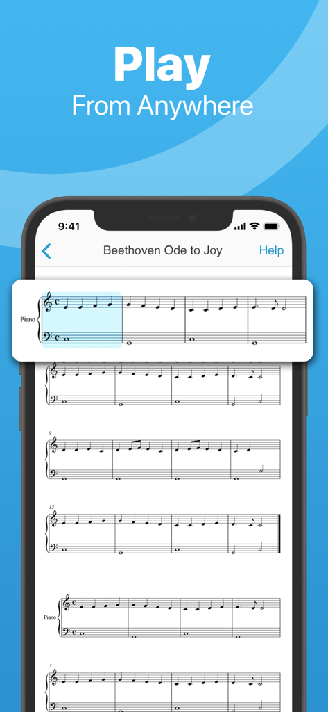 Sheet Music Scanner - Écran de smartphone affichant la partition de l'Ode à la joie de Beethoven, avec une mesure mise en évidence et jouée dans l'application.