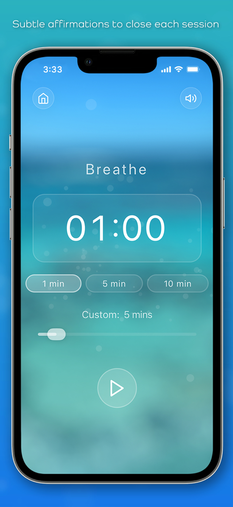 Stillflow — Meditation Timer - Interfaz minimalista de temporizador de meditación Stillflow con un fondo azul sereno y configuraciones de duración personalizadas