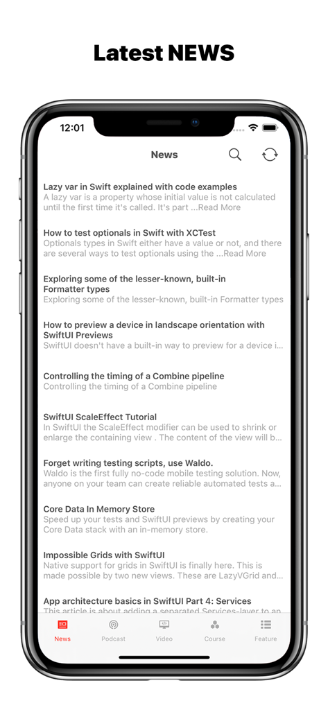 iDev: Developer News - Mobile app interface showing a list of latest iOS development news and technical articles