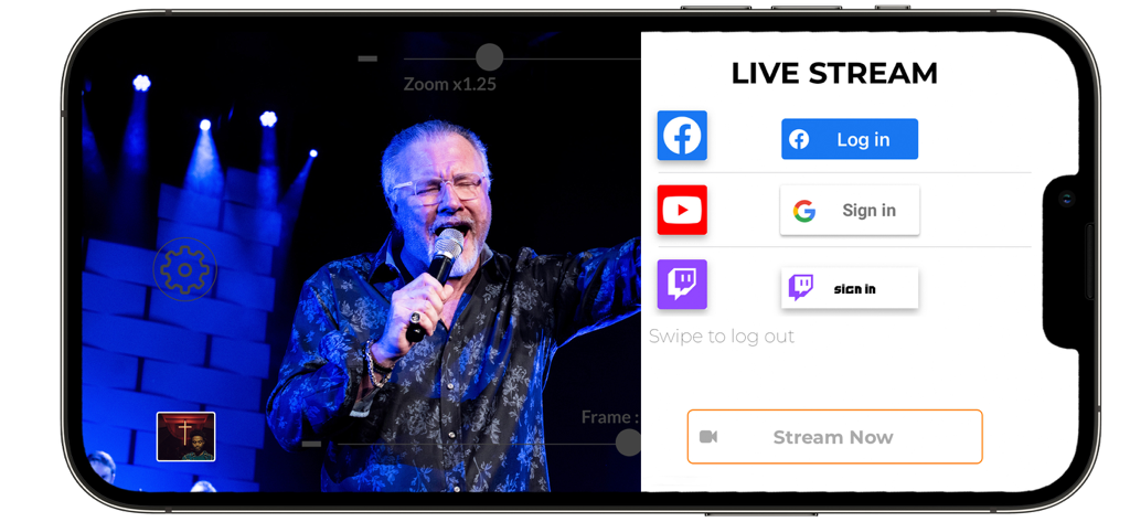 PIXEM Camera - Smartphone screen showing PIXEM Camera app live stream options for Facebook YouTube and Twitch
